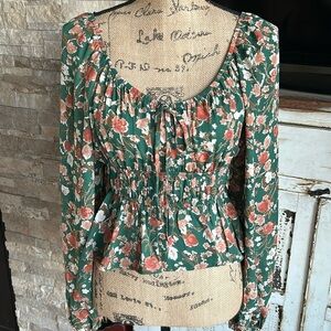 MINE hunter green floral smocked top cropped long sleeve tie at bust scoop back